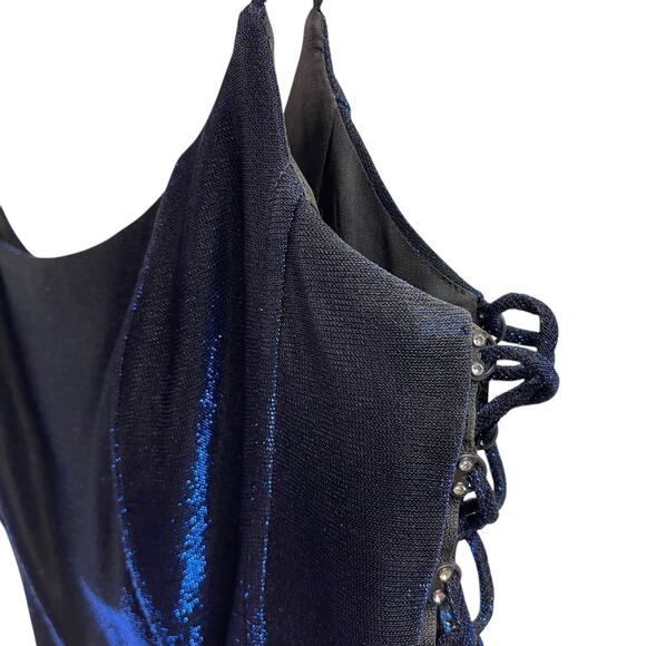 Beautiful Cache Dress Shiny Iridescent Blue Full Length 4 Vintage Lace Sides - Picture 5 of 9